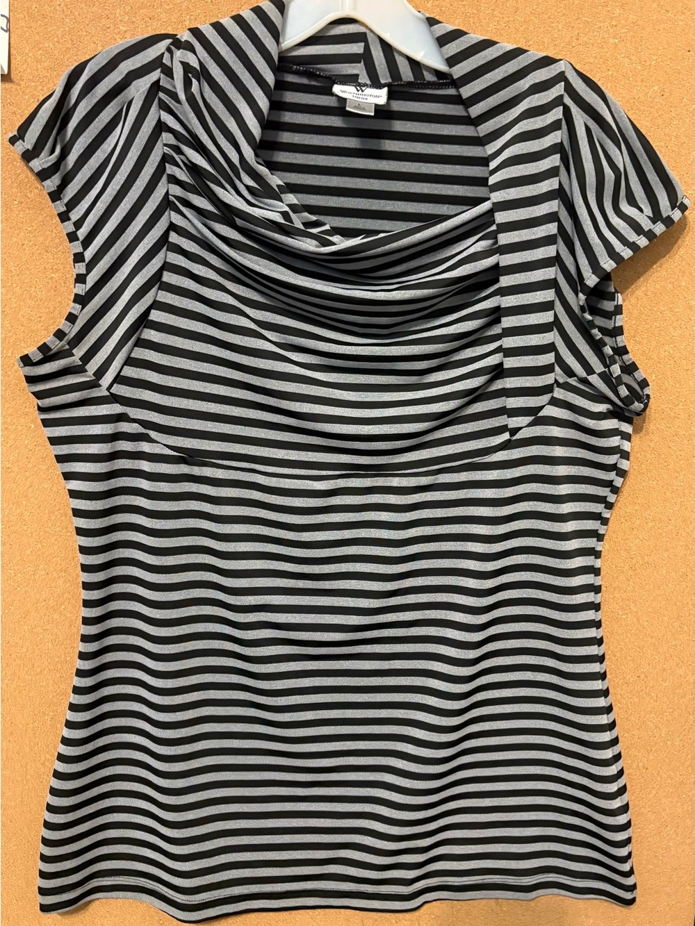 Worthington Black Gray Striped Cowl Neck Cap Sleeve Stretch Top Size L
